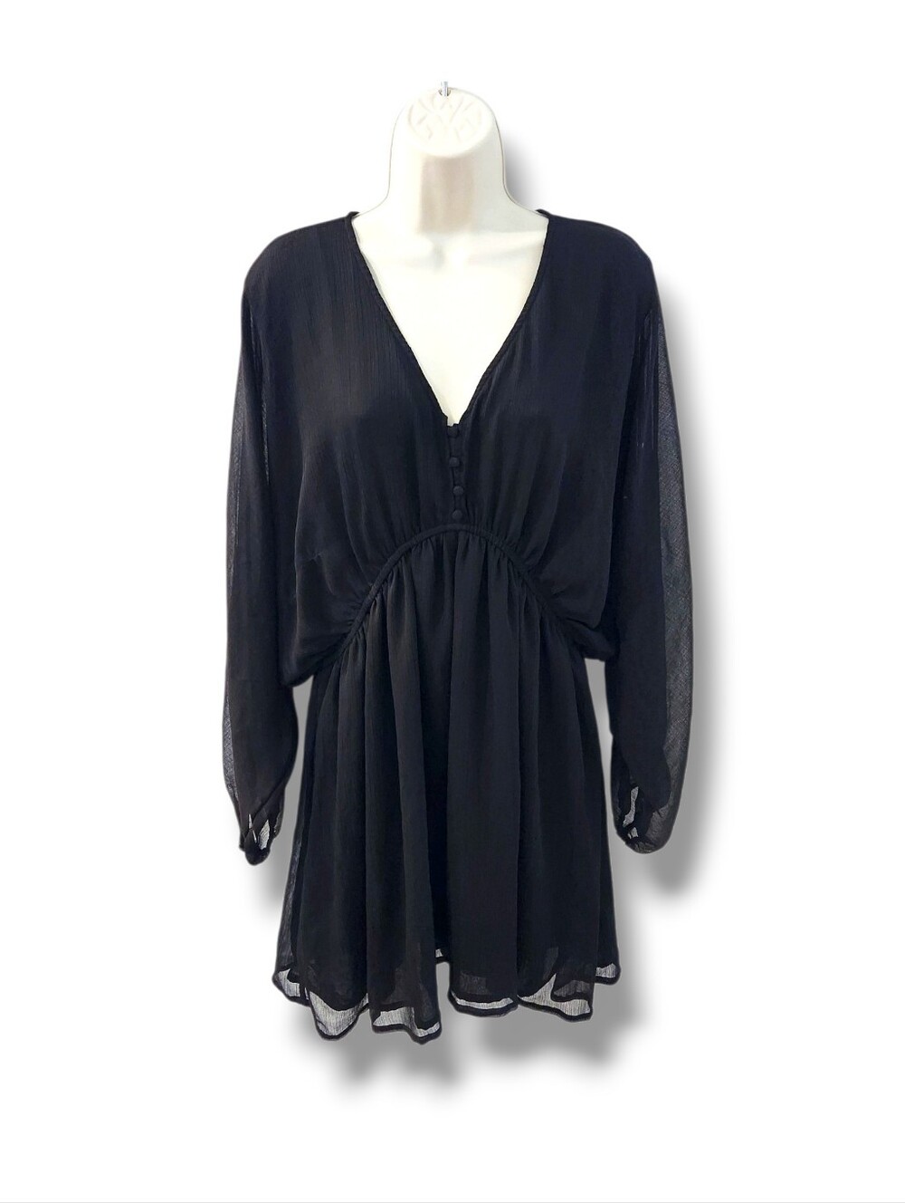 A New Day Long Balloon-Sleeve Semi-Sheer V-Neck Mini Dress | Large